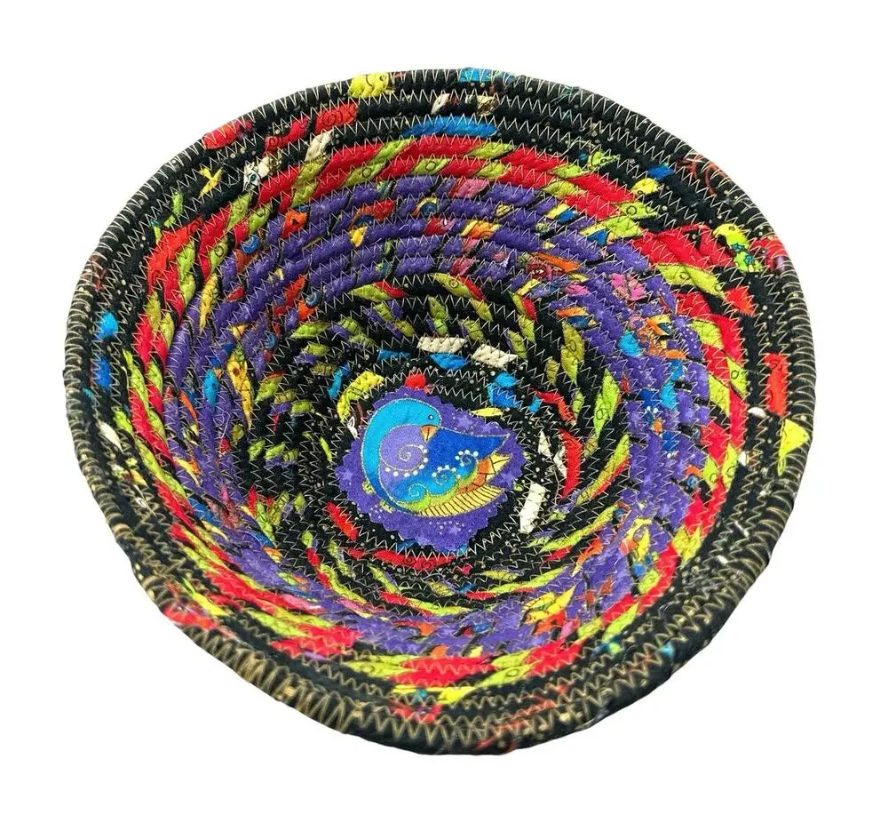 Handmade Coiled Fabric Bowl Bird Center Quilted Textile Basket 7” Colorful Decor